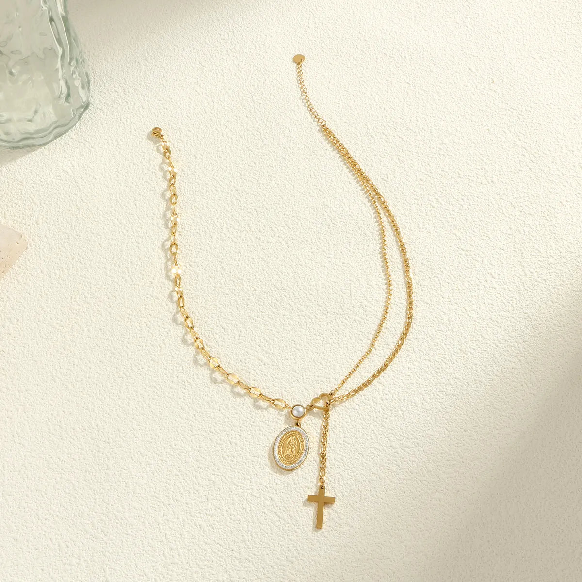 Wholesale Jewelry Simple Style Cross Oval 304 Stainless Steel Pearl Zircon Gold Plated Inlay Pendant Necklace