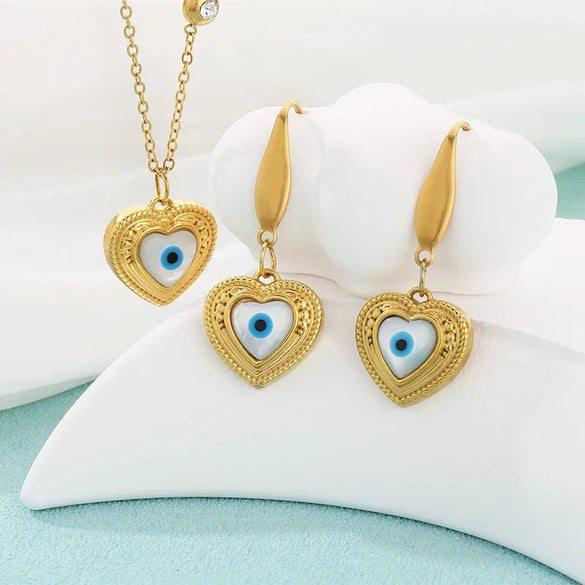 Wholesale Jewelry Simple Style Devil'S Eye 304 Stainless Steel Shell 18K Gold Plated Inlay Earrings Necklace Jewelry Set