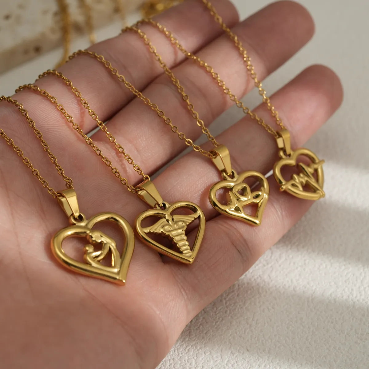 Wholesale Jewelry Simple Style Electrocardiogram Heart Shape Wings 304 Stainless Steel 18K Gold Plated Pendant Necklace