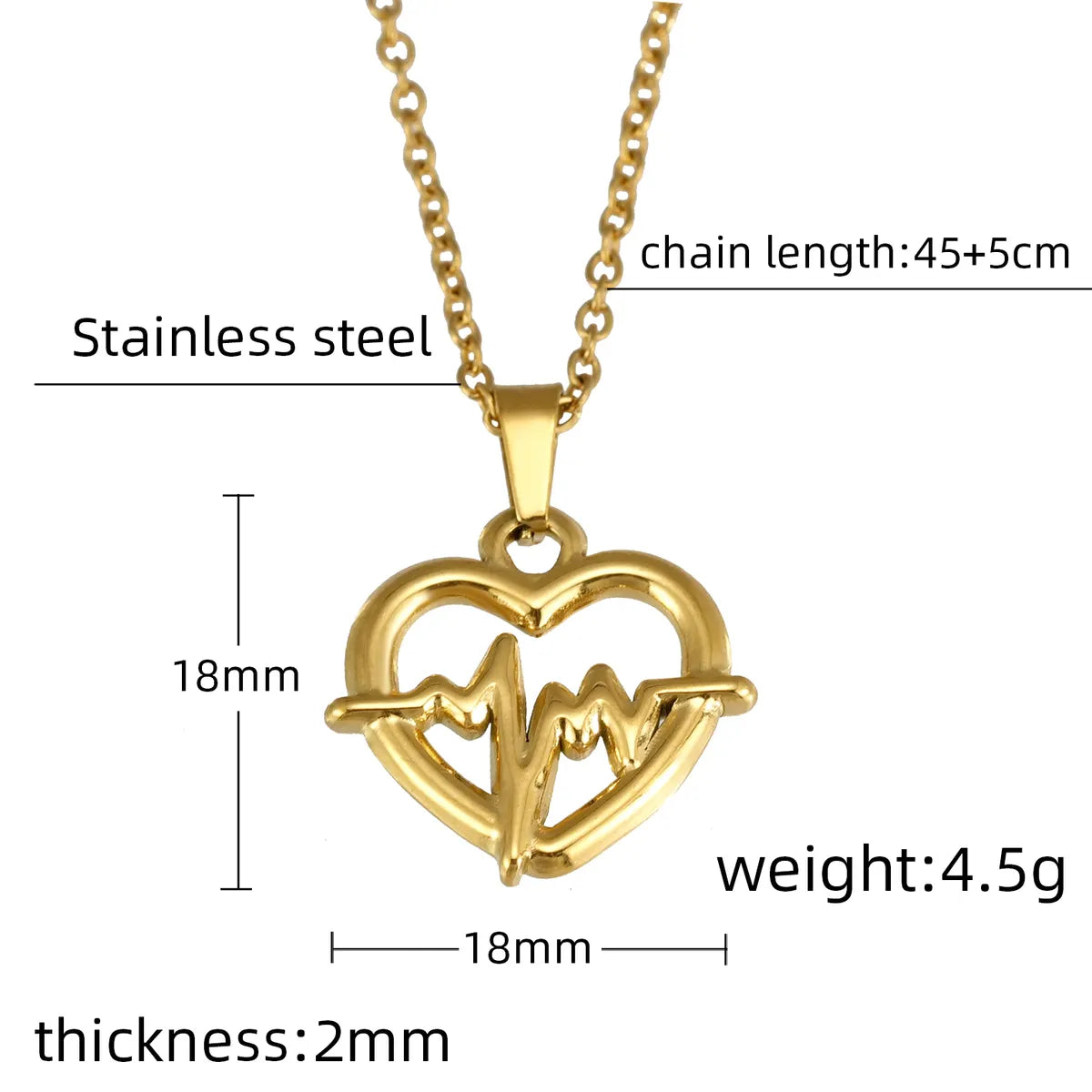 Wholesale Jewelry Simple Style Electrocardiogram Heart Shape Wings 304 Stainless Steel 18K Gold Plated Pendant Necklace