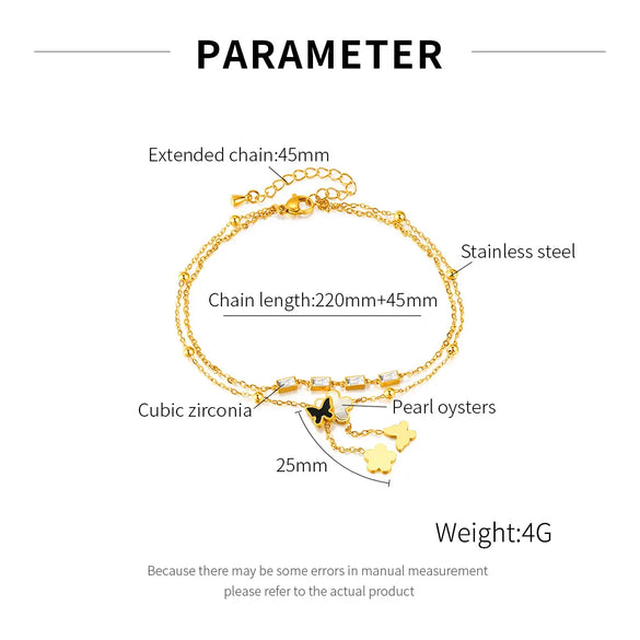 Wholesale Jewelry Simple Style Flower Butterfly 304 Stainless Steel Mother Shell Zircon Inlay Anklet