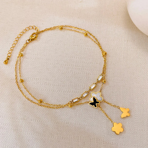 Wholesale Jewelry Simple Style Flower Butterfly 304 Stainless Steel Mother Shell Zircon Inlay Anklet