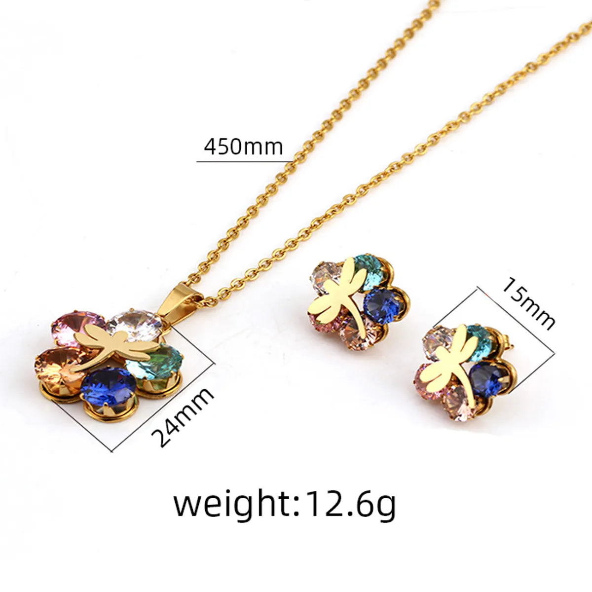 Wholesale Jewelry Simple Style Flower Dragonfly 304 Stainless Steel Artificial Rhinestones 18K Gold Plated Inlay Jewelry Set