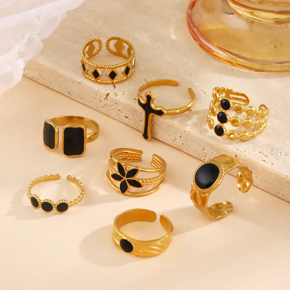 Wholesale Jewelry Simple Style Geometric Cross Floral 304 Stainless Steel 18K Gold Plated Plating Open Rings