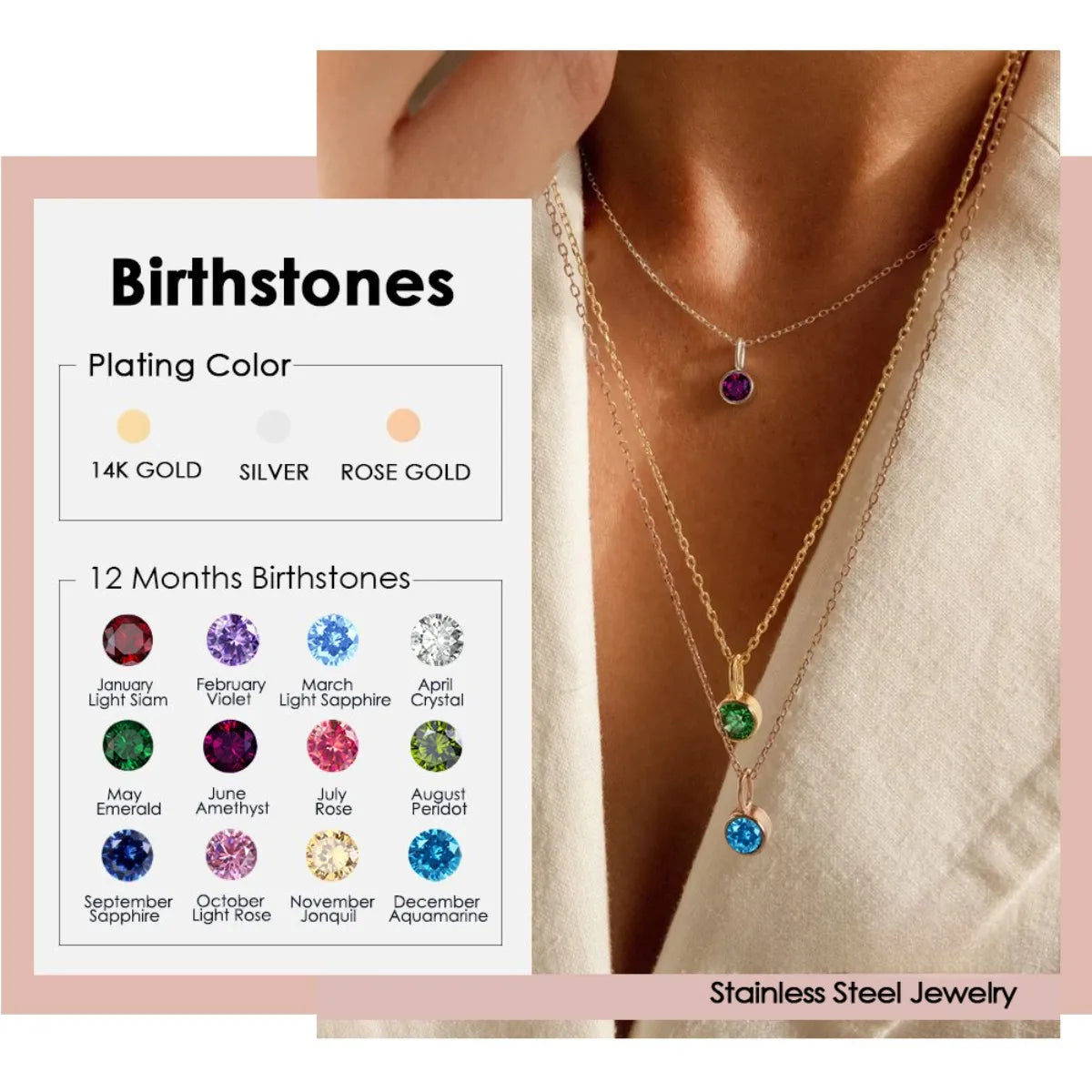 Wholesale Jewelry Simple Style Geometric Round 201 Stainless Steel Birthstone Gold Plated Plating Inlay Pendant Necklace