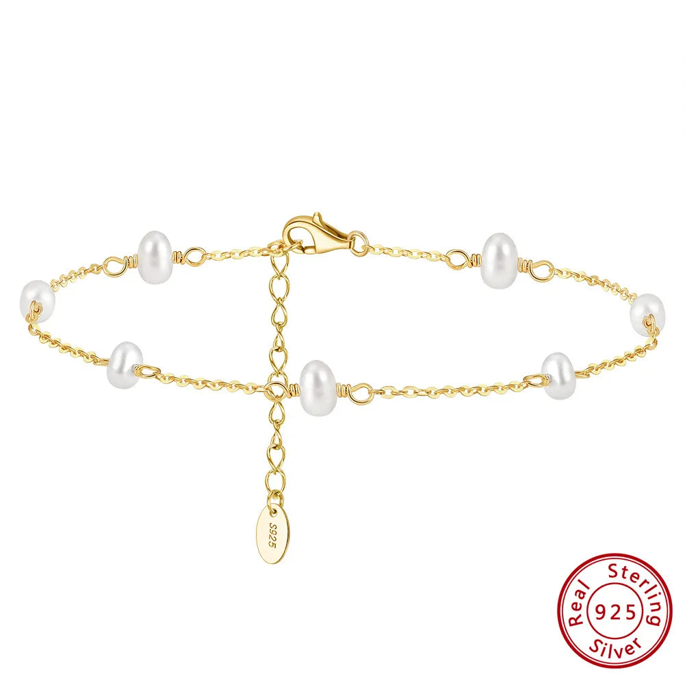 Wholesale Jewelry Simple Style Geometric Sterling Silver Freshwater Pearl 14k Gold Plated Anklet