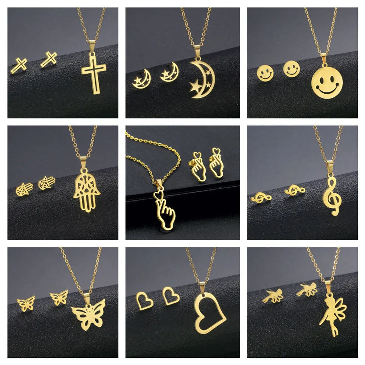 Wholesale Jewelry Simple Style Hand Smiley Face 304 Stainless Steel Chain Earrings Necklace