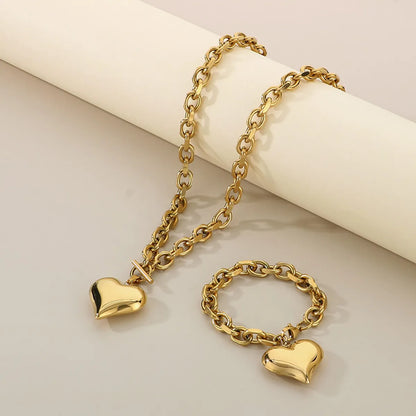 Wholesale Jewelry Simple Style Heart Shape 304 Stainless Steel 18K Gold Plated Bracelets Necklace