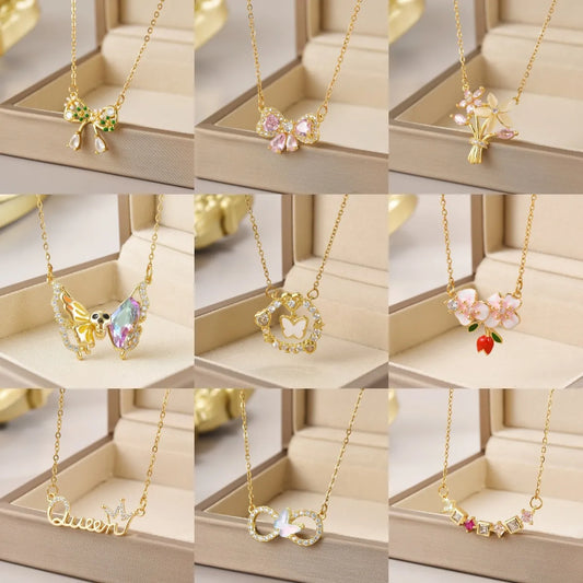 Wholesale Jewelry Simple Style Heart Shape Flower Bow Knot Titanium Steel Irregular Plating Pendant Necklace