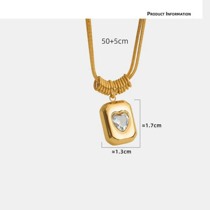 Wholesale Jewelry Simple Style Heart Shape Rectangle Titanium Steel Zircon Inlay Pendant Necklace