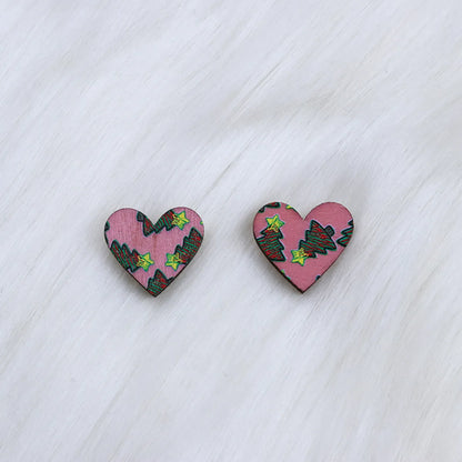 Wholesale Jewelry Simple Style Heart Shape Wood Printing Ear Studs