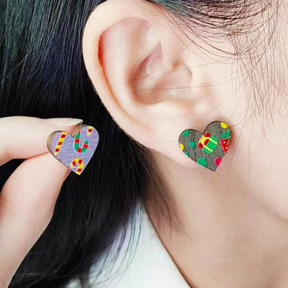 Wholesale Jewelry Simple Style Heart Shape Wood Printing Ear Studs