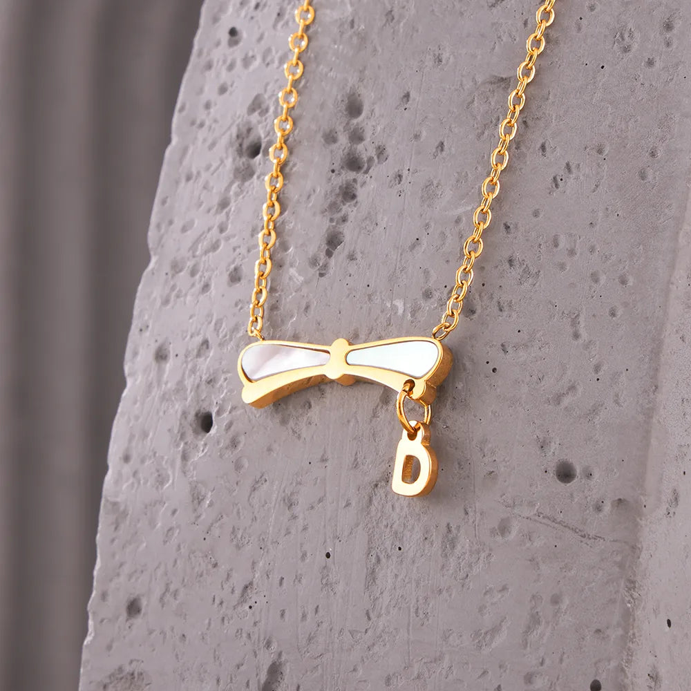 Wholesale Jewelry Simple Style Letter Bow Knot 304 Stainless Steel Shell 18K Gold Plated Plating Inlay Pendant Necklace