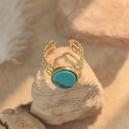 Wholesale Jewelry Simple Style Roman Style Commute Oval 304 Stainless Steel Turquoise Shell 14K Gold Plated Plating Inlay Open Rings