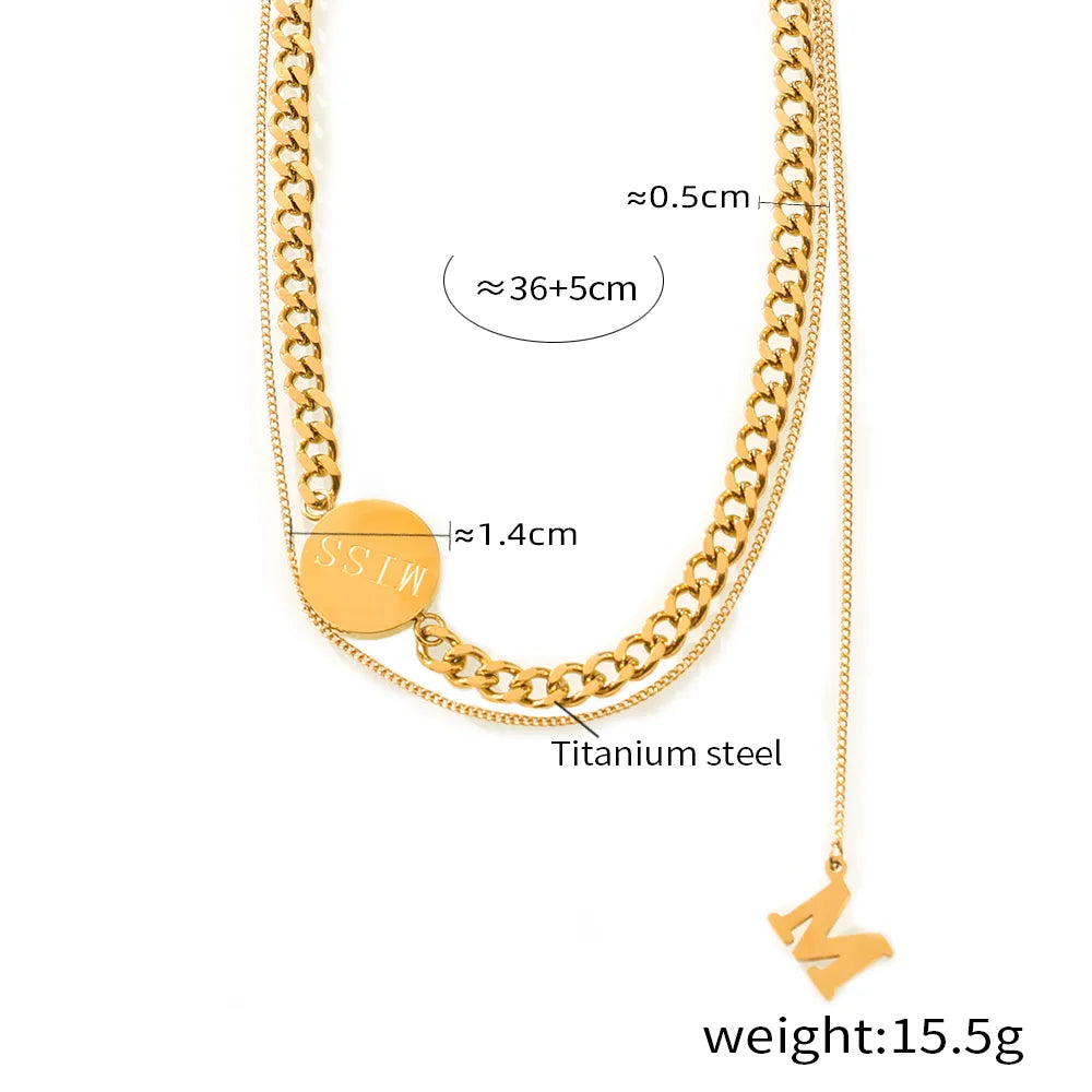 Wholesale Jewelry Simple Style Round Letter Titanium Steel 18K Gold Plated Carving Double Layer Necklaces Pendant Necklace