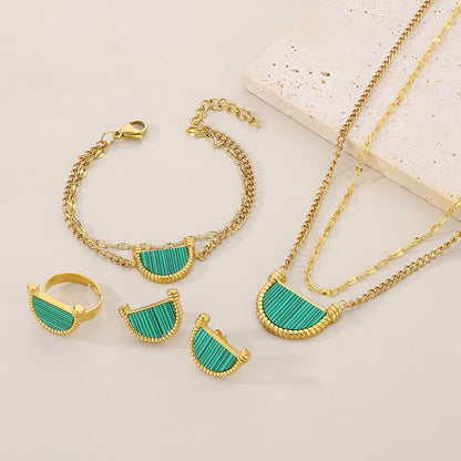 Wholesale Jewelry Simple Style Sector 304 Stainless Steel Shell 18K Gold Plated Inlay Earrings Necklace Jewelry Set