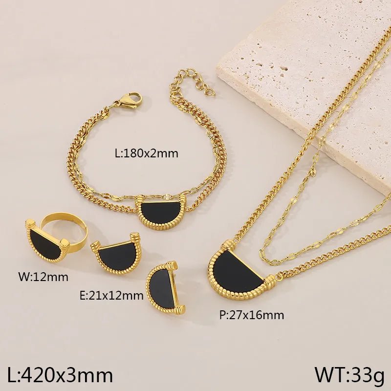 Wholesale Jewelry Simple Style Sector 304 Stainless Steel Shell 18K Gold Plated Inlay Earrings Necklace Jewelry Set