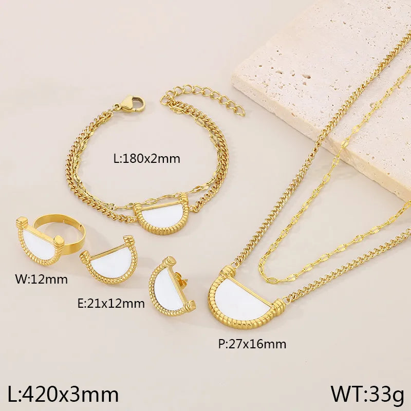 Wholesale Jewelry Simple Style Sector 304 Stainless Steel Shell 18K Gold Plated Inlay Earrings Necklace Jewelry Set