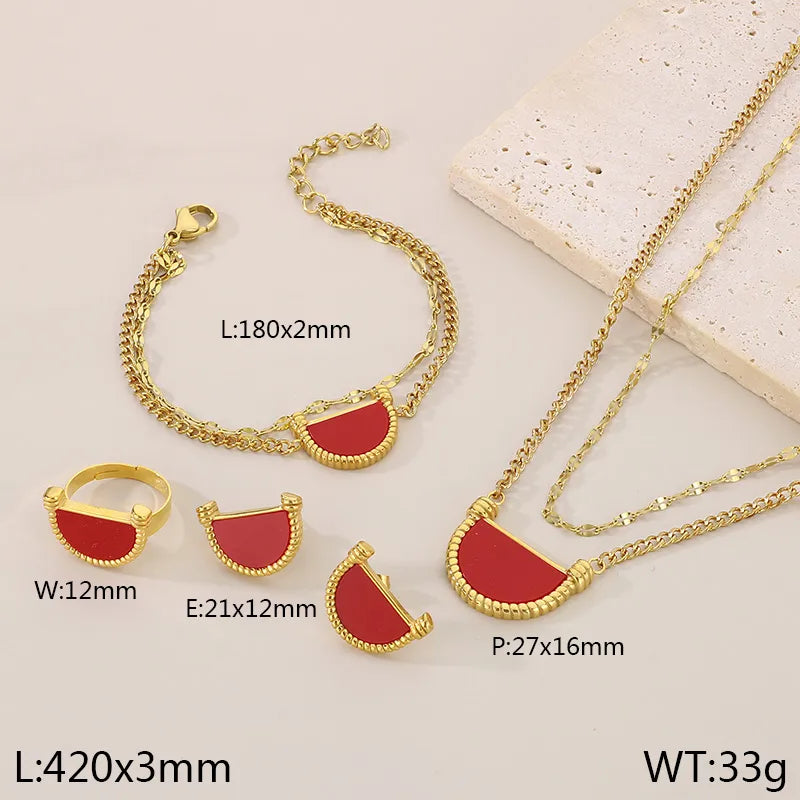 Wholesale Jewelry Simple Style Sector 304 Stainless Steel Shell 18K Gold Plated Inlay Earrings Necklace Jewelry Set