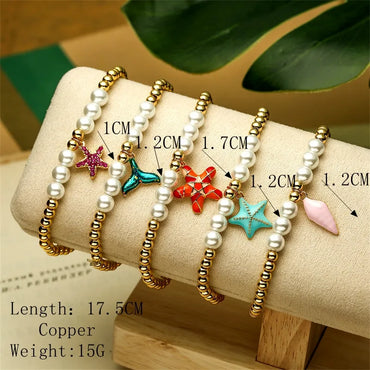 Simple Style Shiny Starfish Fish Tail Zircon Imitation Pearl Copper Wholesale Bracelets