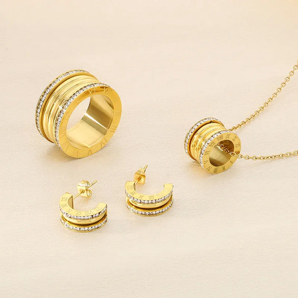 Wholesale Jewelry Simple Style Small Waist 304 Stainless Steel 18K Gold Plated Rings Earrings Necklace