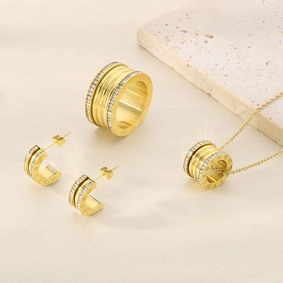 Wholesale Jewelry Simple Style Small Waist 304 Stainless Steel 18K Gold Plated Rings Earrings Necklace