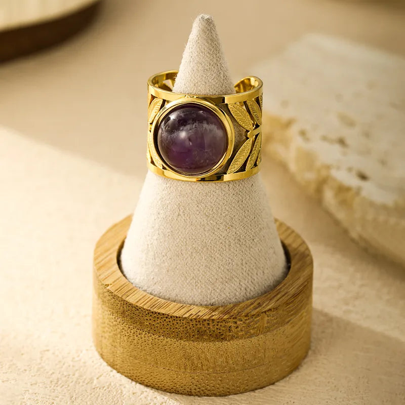 Wholesale Jewelry Simple Style Solid Color 304 Stainless Steel Amethyst 18K Gold Plated Polishing Hollow Out Inlay Open Rings