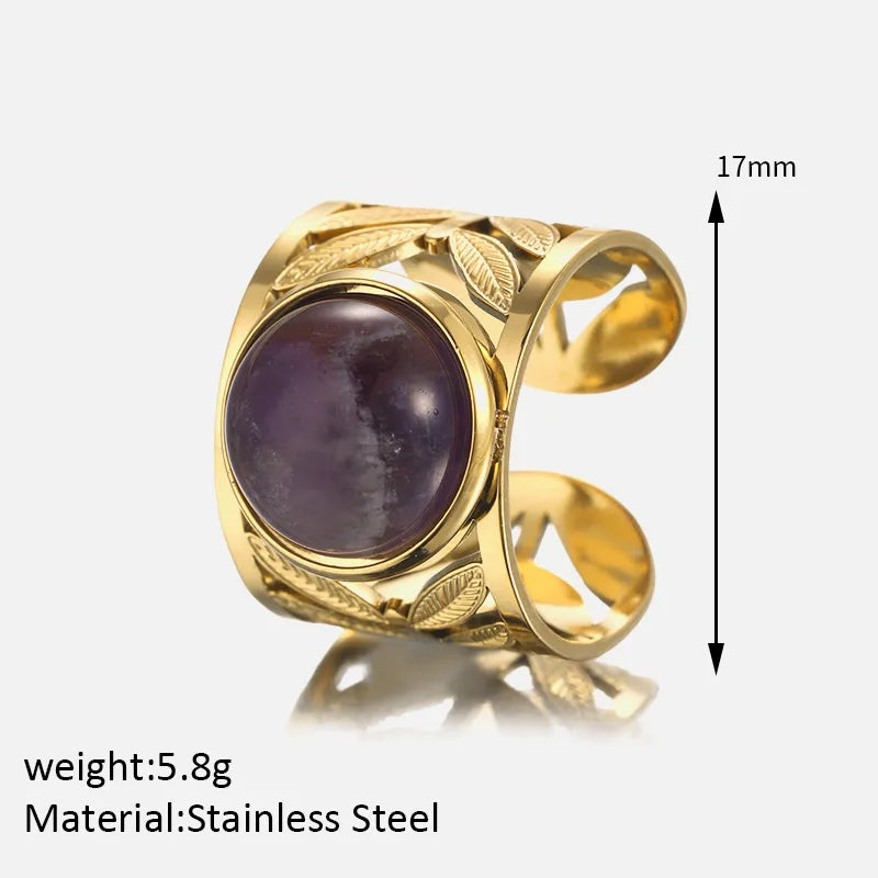 Wholesale Jewelry Simple Style Solid Color 304 Stainless Steel Amethyst 18K Gold Plated Polishing Hollow Out Inlay Open Rings