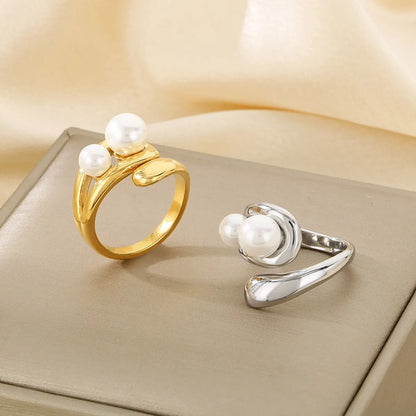 Wholesale Jewelry Simple Style Solid Color 304 Stainless Steel Pearl 18K Gold Plated Plating Inlay Rings