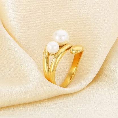 Wholesale Jewelry Simple Style Solid Color 304 Stainless Steel Pearl 18K Gold Plated Plating Inlay Rings