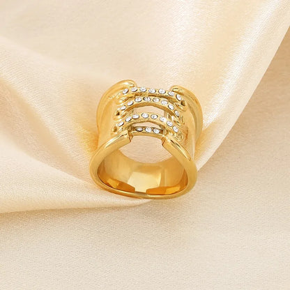 Wholesale Jewelry Simple Style Solid Color 304 Stainless Steel Rhinestones 18K Gold Plated Plating Inlay Rings