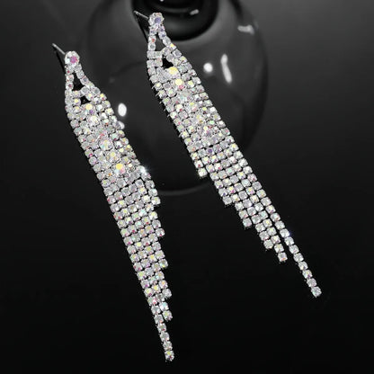 1 Pair Simple Style Solid Color Tassel Plating Inlay Rhinestone Rhinestones Silver Plated Drop Earrings