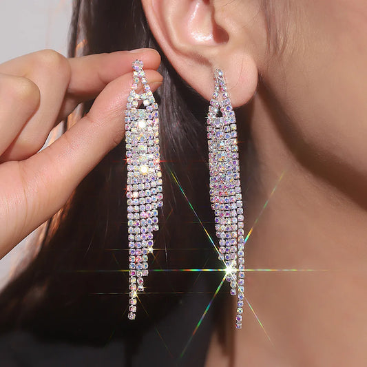 1 Pair Simple Style Solid Color Tassel Plating Inlay Rhinestone Rhinestones Silver Plated Drop Earrings