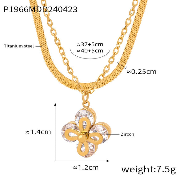 Wholesale Jewelry Simple Style 316L Stainless Steel Blade Chain Fourleaf Clover Inlaid Zircon Pendant Goldplated Necklace With Geometric Pattern