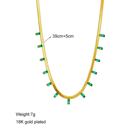 Wholesale Jewelry Simple Titanium Steel Geometric Snake Bone Chain Necklace With Green Diamond