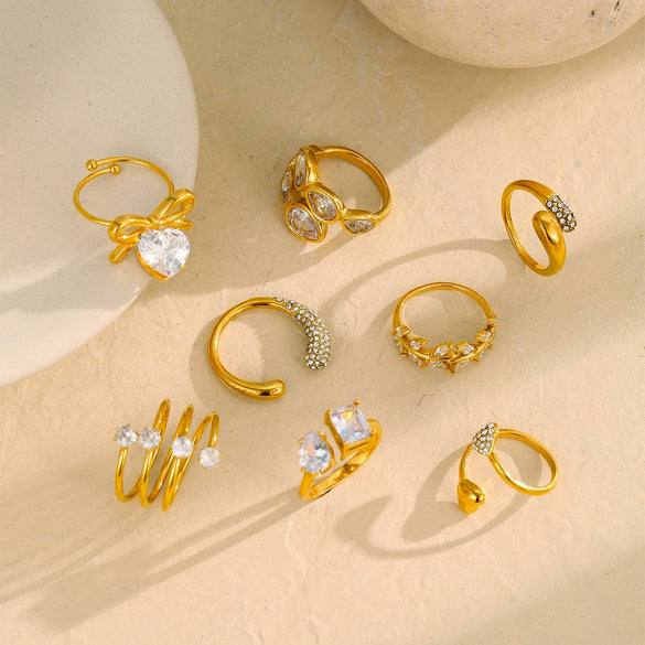 Wholesale Jewelry Simple Zircon Titanium Steel Ring Electroplating Water Drop Heart Open Ring Light Luxury Style