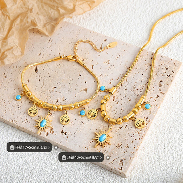 Wholesale Jewelry Small Sun Tree Pendant Beaded Bracelet Necklace Set With Turquoise Design Titanium Steel Electroplated