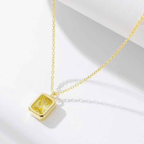 Wholesale Jewelry Square Olive Yellow Zircon 925 Sterling Silver Pendant Necklace With Geometric Design For Women