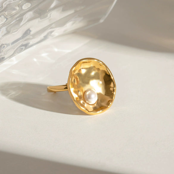 Wholesale Jewelry Stainless Steel Acrylic Pearl Hammered Geometric Ring Electroplated For Women