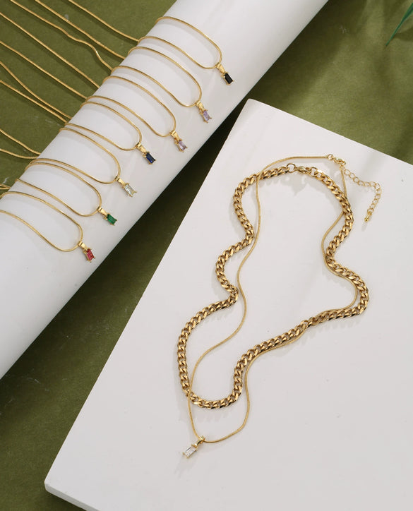 Wholesale Jewelry Stainless Steel And Copper Rectangular Zircon Snake Bone Chain Necklace 18K Gold Plated Simple Style For Women