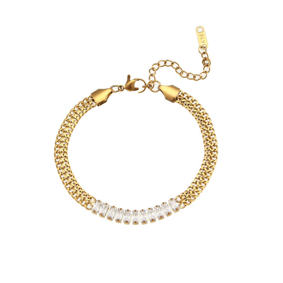 Wholesale Jewelry Stainless Steel And Titanium Steel Geometric Cuban Chain Spliced Zircon Pendant Double Layer Clavicle Chain Necklace For Women Electroplated