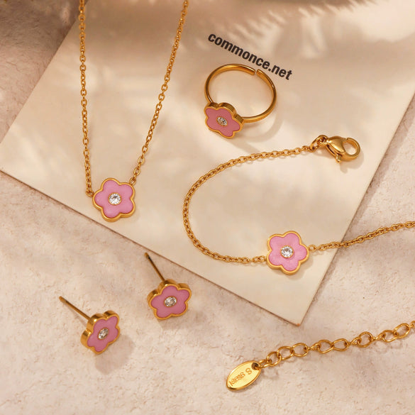 Wholesale Jewelry 316L Stainless Steel And 316L Stainless Steel Oildropped Zircon Small Flower Set Electroplated For Kids And Unisex Fashion Style