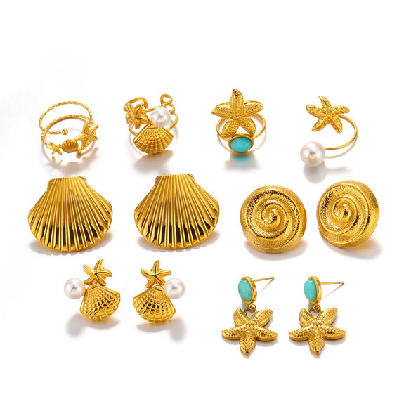 Wholesale Jewelry Stainless Steel And Titanium Steel With Marine Organisms Pattern Electroplating Starfish Shell Earrings Ring Suit