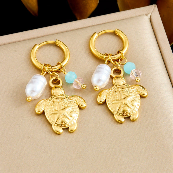 Wholesale Jewelry Stainless Steel Animal Zodiac Style Turtle Pearl Faceted Colorful Beaded Pendant Earrings