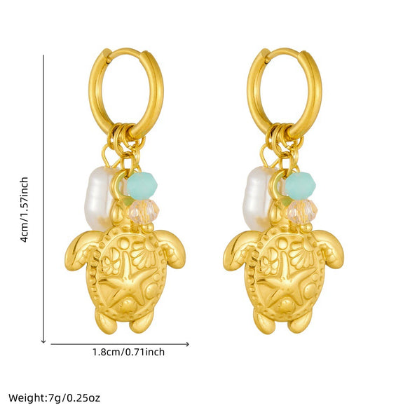 Wholesale Jewelry Stainless Steel Animal Zodiac Style Turtle Pearl Faceted Colorful Beaded Pendant Earrings