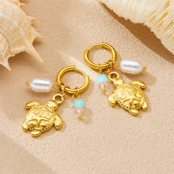 Wholesale Jewelry Stainless Steel Animal Zodiac Style Turtle Pearl Faceted Colorful Beaded Pendant Earrings