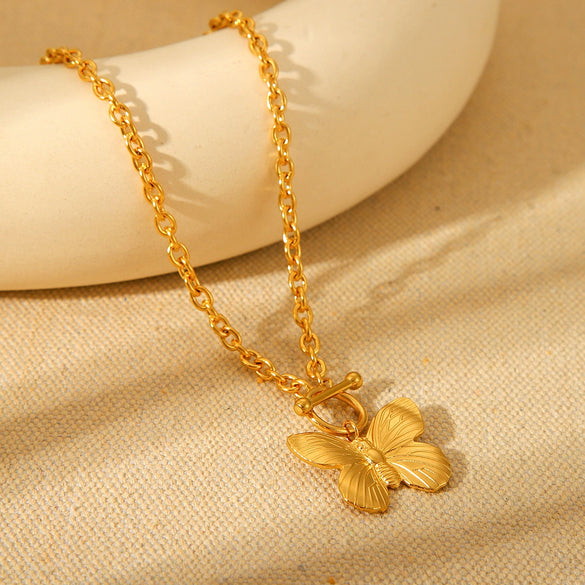 Wholesale Jewelry Stainless Steel Ball Chain Necklace With Titanium Steel Butterfly Pendant Electroplated Geometric Style For Women