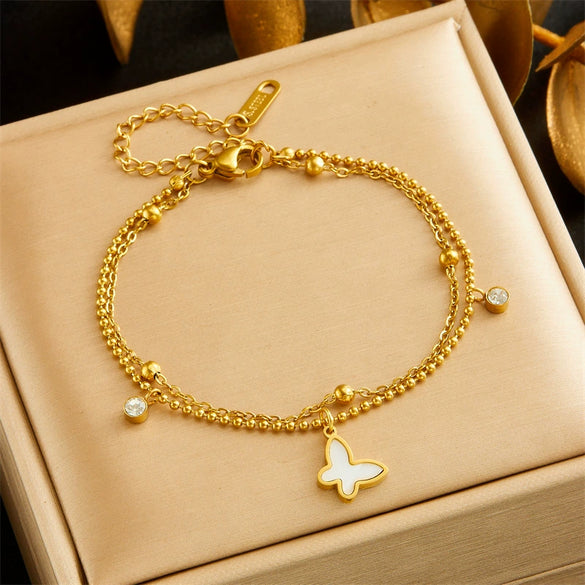 Wholesale Jewelry Stainless Steel Ball Chain With Butterfly Dragonfly Insect Pattern Goldplated Doublelayer Bracelet Necklace For Women