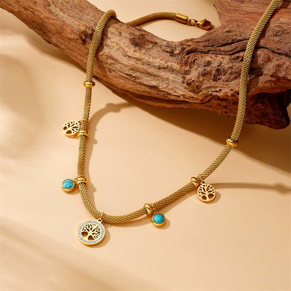 Wholesale Jewelry Stainless Steel Bamboo Chain Electroplated Life Tree Pine Stone Women's Bracelet Earrings Necklace