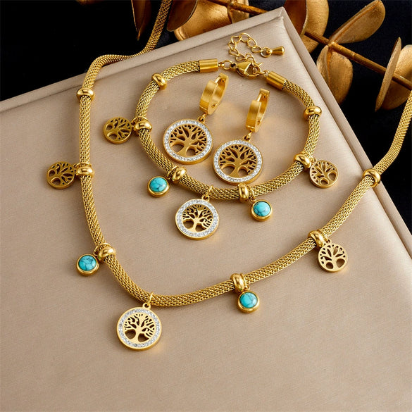 Wholesale Jewelry Stainless Steel Bamboo Chain Electroplated Life Tree Pine Stone Women's Bracelet Earrings Necklace